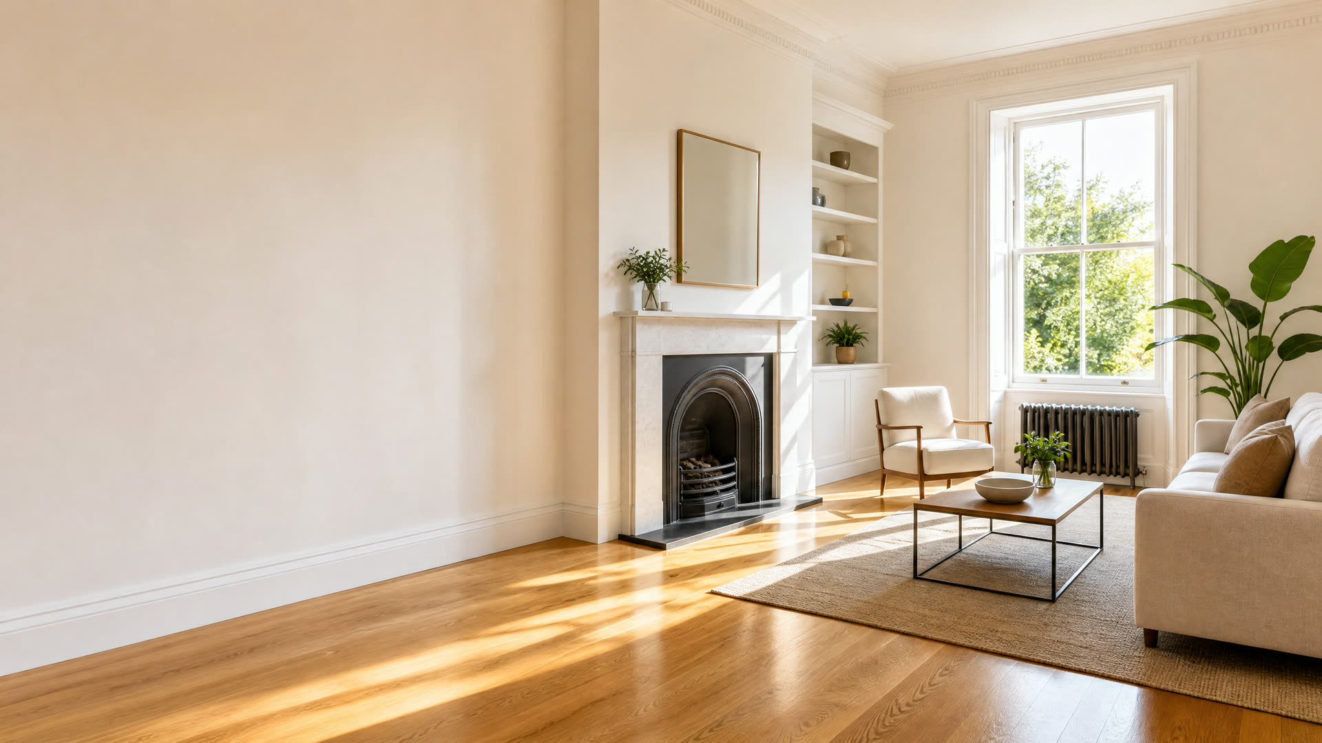 A sunlit London living room with polished oak floorboards, a marble fireplace and a bright window
